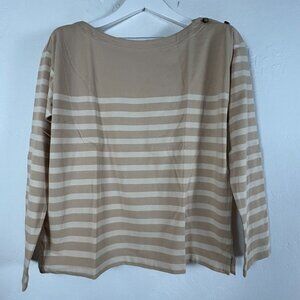 J.Crew Womens Medium Brown Cotton Striped Boat Neck Buttons T-Shirt NWT BA355